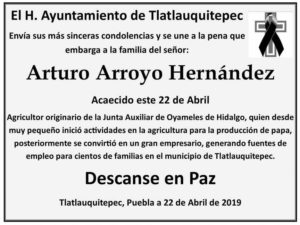 Asesinato, disparos, Rey de la papa, Arturo Arroyo Hernández, Ayuntamiento de Tlatlauquitepec, Oyameles de Hidalgo
