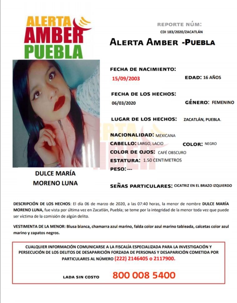 Alerta Ambar, Dulce María, menor de edad, Código Rojo, Nota Roja, Puebla, Noticias