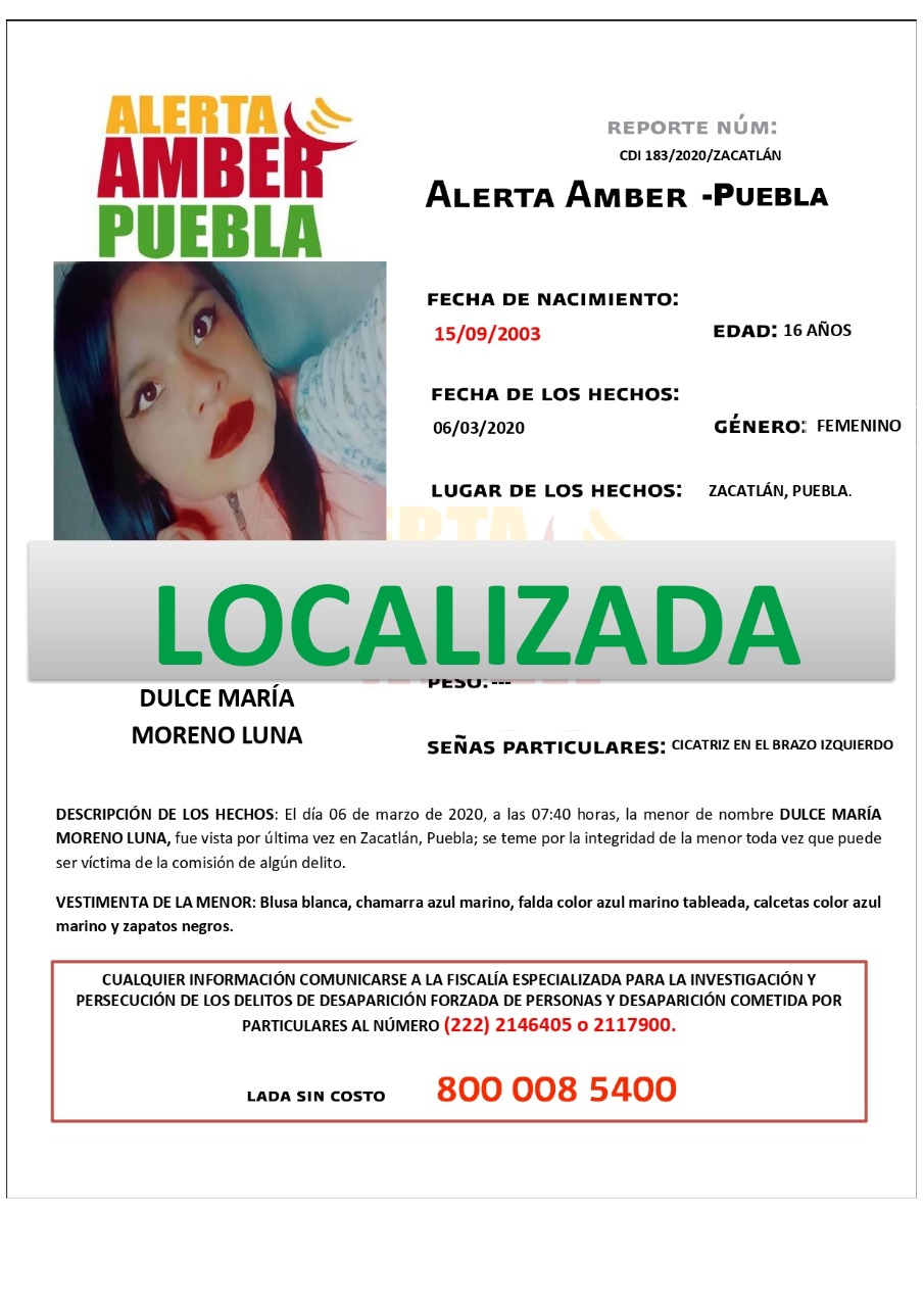 Alerta Ámber, desactivada, Dulce María, hallada, ilesa, Chingahuapan, Código Rojo, Nota Roja, Puebla, Noticias