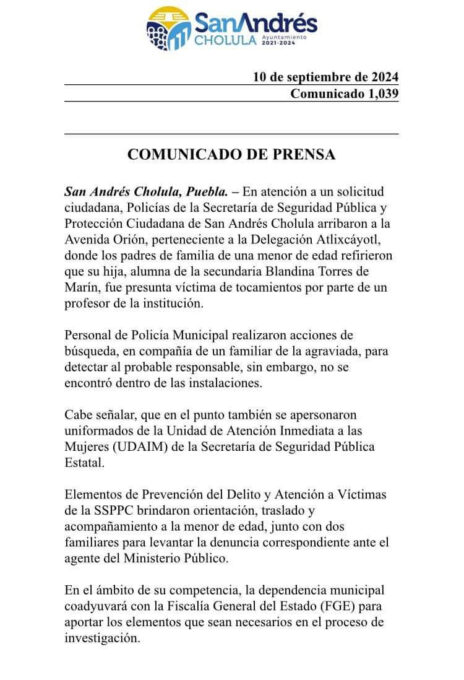 San Andrés Cholula, alumna, abuso sexual, Policía Municipal