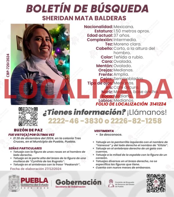 Sheridan Mata Balderas, localizada, Ciudad de México, SEGOB